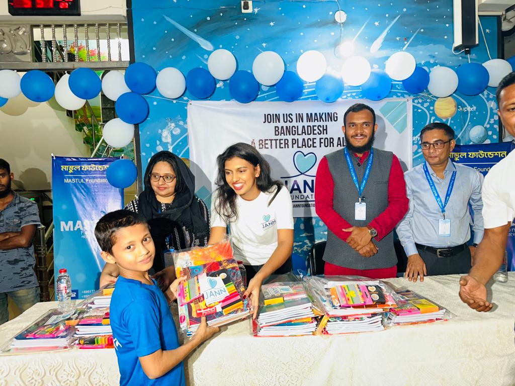 Vice Chairman of Jann Group, Nafisa Khan, personally distributed these educational stationaries to the talented students of MASTUL School